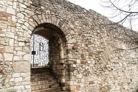 Gate to the garden behind the wall of an ancient castle, made of stones Photos
