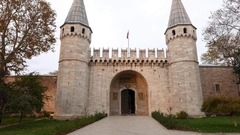 Gate of Greeting at Topkapi palace at evening time, camera move back Stock Footage 83313341