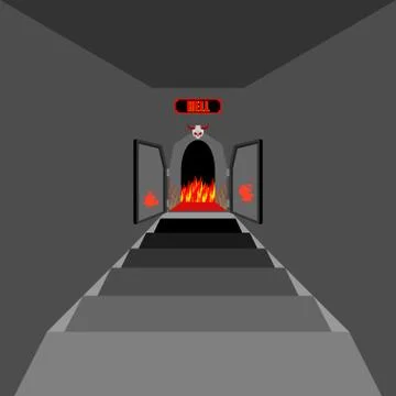 Gate to hell. Open  Fiery gate of purgatory. Door to hell. Entrance to devil. Stock Illustration