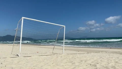 Gate for playing beach soccer. Empty field by the sea Stock Footage 123369833
