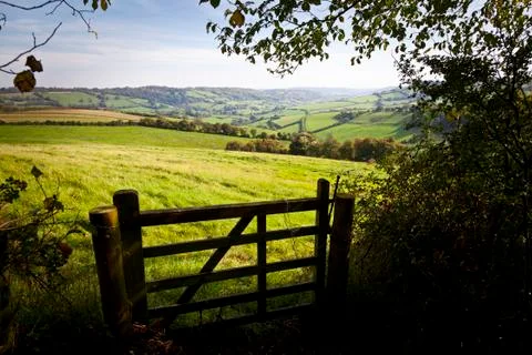 Gate onto rolling british countryside Stock Photos