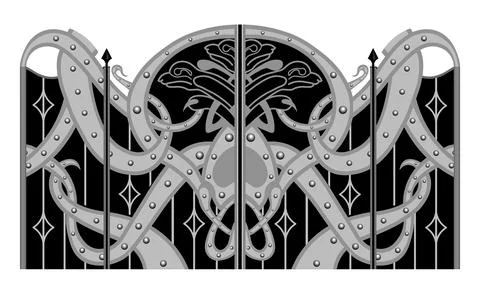 Gate sketch, forged metal elements, artistic forging.Gate in scandinavian sty Illustrazione stock