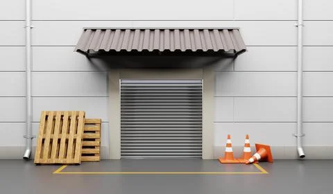 Gate warehouse with metal rolling shutter. Building front store or factory with Ilustración de archivo