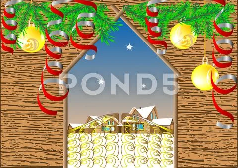 Gate in winter village. christmas background Stock Illustration