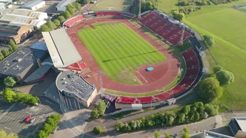 Gateshead Stadium drone view features a vibrant green pitch Video stock 311639666