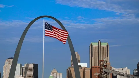Gateway Arch and American Flag Stock Footage 82906837