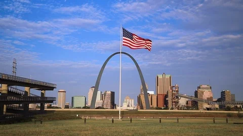 Gateway Arch and American Flag Stock Footage 82906867