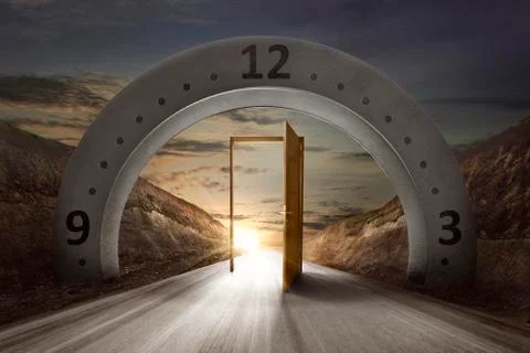 Gateway arch with clock face and open door Stock Illustration