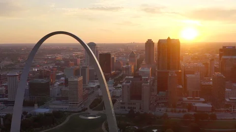 Gateway Arch, St. Louis City Skyline at Sunset, Drone Shot 4K Stock Footage