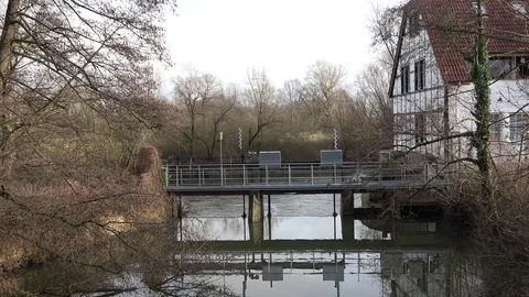 Gateway on the river Elsa.City Bünde. Germany. Winter. December. Germany. Stock Footage 100442656