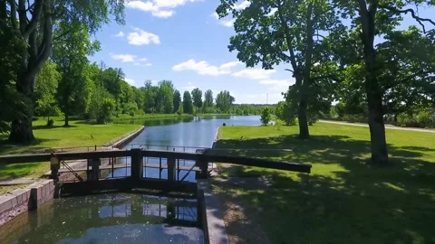 Gateways sluice, locks, on the Augustow Canal, drone view. Belarus Stock Footage 139213856