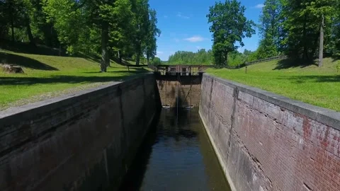 Gateways sluice, locks, on the Augustow Canal, drone view. Belarus Stock Footage 139213909