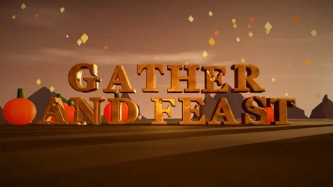 Gather And Feast Burnished Copper 3D Letters with Pumpkins and Falling Maple Stock Footage 343370880