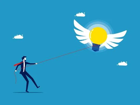 Gather knowledge. Businessman using a rope to hold a light bulb from escaping Stock Illustration
