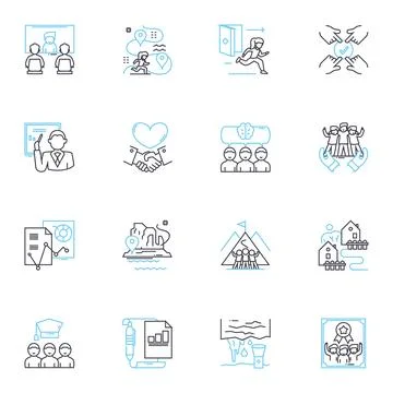 Gathering linear icons set. Congregation, Assembly, Meetup, Rendezvous, Muster イラスト素材