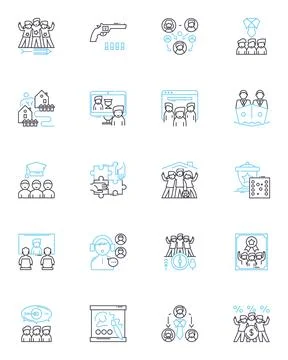 Gathering linear icons set. Congregation, Assembly, Meetup, Rendezvous, Muster Illustrazione stock