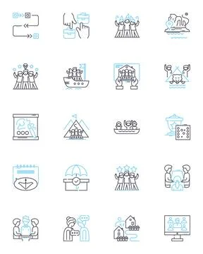 Gathering linear icons set. Convene, Assemble, Meet, Get-together, Congregate Stock Illustration