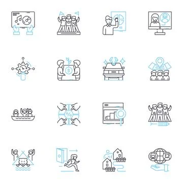 Gathering linear icons set. Convene, Assemble, Meet, Get-together, Congregate Stock Illustration