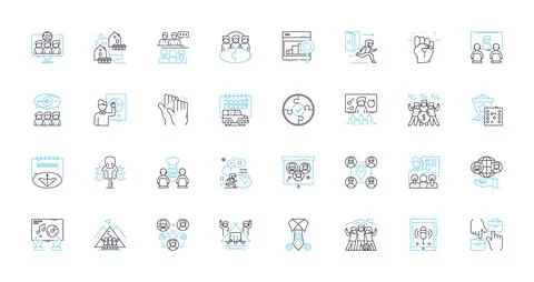 Gathering linear icons set. Convene, Assemble, Meet, Get-together, Congregate Stock Illustration