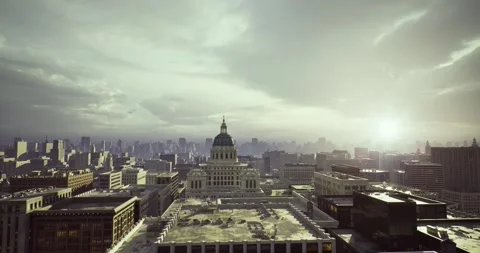 Gathering storm clouds above city contribute to tense and moody environment Stock Footage 333563143