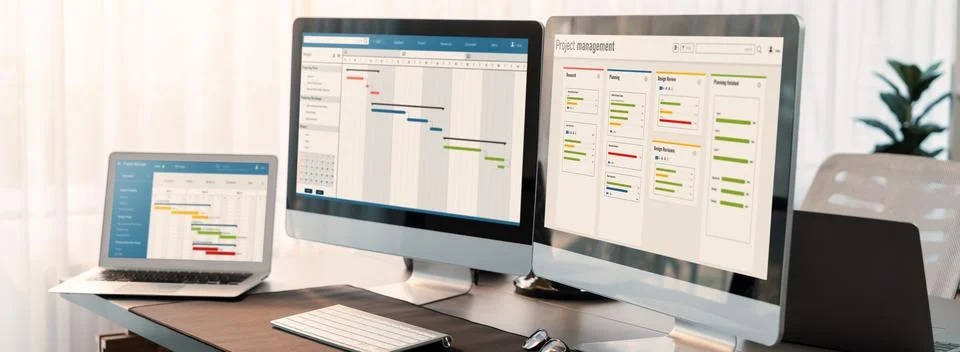 Gatt chart software on computer screen showing business planning. Trailblazing Stock Photos