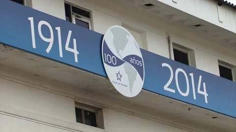 Gatun Locks traffic control tower, 100 years anniversary of Panama Canal. Stock Footage 157969691