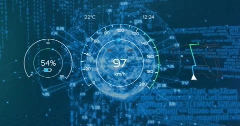 Gaugeglobe receiving telemetry animating speed to 100km or h then dropping for Stock Footage 330563575