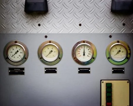 Gauges or old fire meter of fire truck engine 스톡 사진