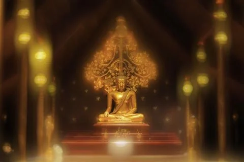 Gautama Buddha gold statue floating in golden bokeh light. image of the enlig Stock Photos