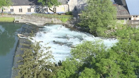 Gave de Pau river through spillway in Lourdes Stock Footage 86758579