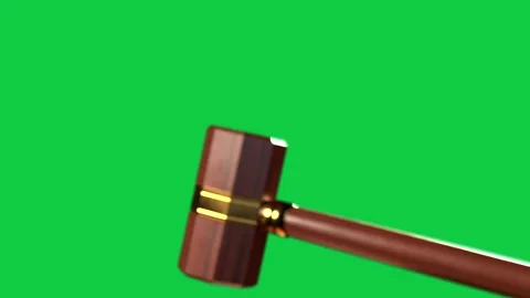 Gavel appearing lower edge swinging, striking block, sparking on transparent Vídeos de archivo 346156775