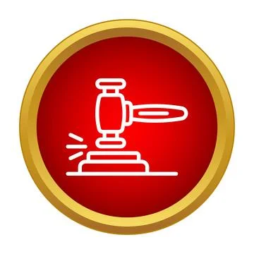 Gavel hitting sound block in red gold circle Stock Illustration