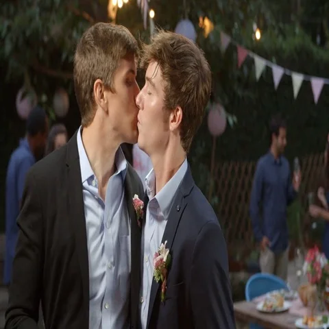 Gay Couple Celebrating Wedding With Party In Backyard Stock Footage