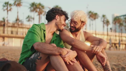 Gay couple in love talking while sitting on the beach at sunrise Stock Footage 252207211