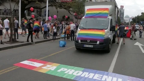 Gay parade , preparing for a walk through the city Serbia Belgrade 2017/09/17 Stock Footage 80145064