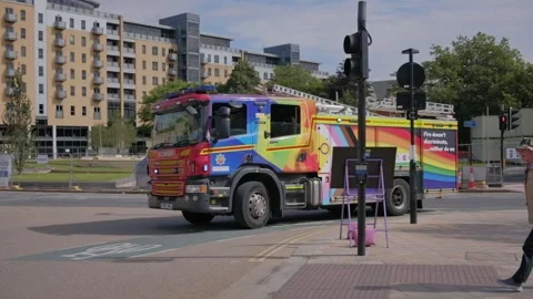 Gay Pride fire engine, celebration in UK city center. Hull. UK 27.7.2024 動画素材 280463726