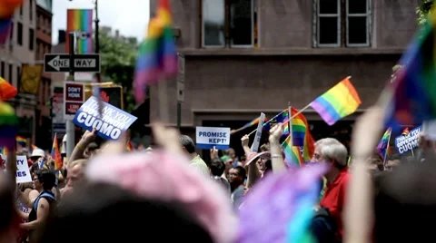 Gay Pride Flags - LBGT Parade - Gay Parade - Gays March in New York City NYC Stock Footage