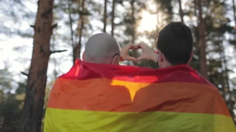 Gay pride lgbt flag Supporting hands make heart sign and wave in front of a Stock Footage 134813232