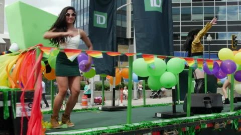 Gay Pride Parade Float downtown in large city Stock Footage 155605774