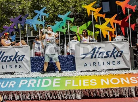 Gay Pride Parade in San Francisco - Corporate Alaska Airlines float Stock Photos