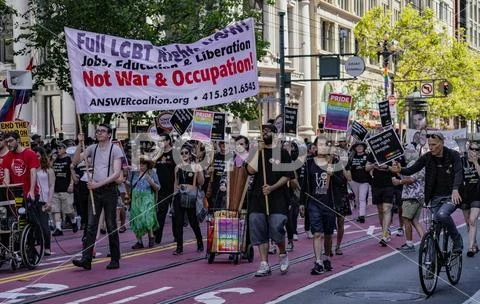 Gay Pride Parade in San Francisco - ANSWERcoalition.org marches Stock Photos