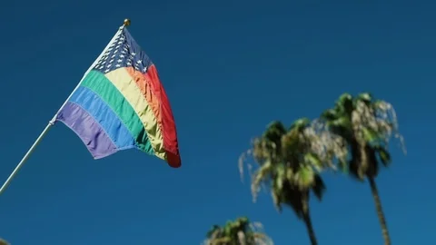 Gay Pride version of the American flag flies in desert, Palm Springs, California Stock Footage 113887188