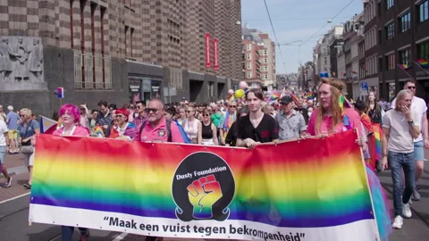 Gay Protest Pride Walk Rainbow Crowd Lhbti+ Gay Pride Netherlands Amsterdam- Stock Footage 234409276