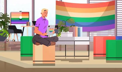 Gay sitting at workplace and using tablet pc lgbt rainbow flag transgender love Stock Illustration