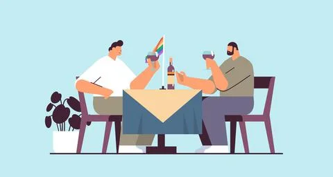 Gays couple drinking wine two guys spending time together transgender love LGBT Stock Illustration