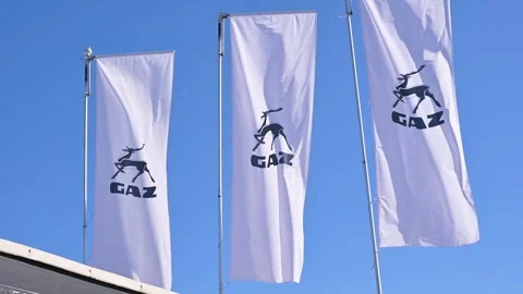 GAZ flags are shown waving in the wind at a public event. The clear blue sky Vídeo Stock 344672911