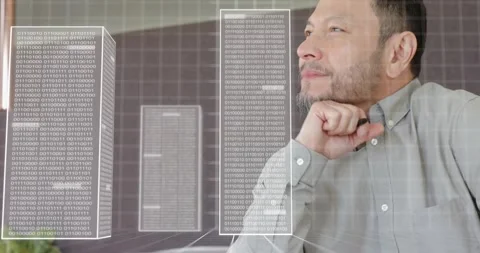 Gaze shifting upward, tech analyst analyzing floating binary code bars appearing Stock Footage 318307535