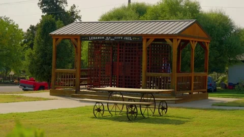 Gazebo and picnic table in a small-town park in Lebanon Video stock 345531025