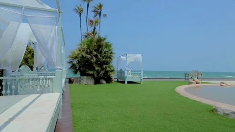 Gazebo on the sea beach Stock Footage