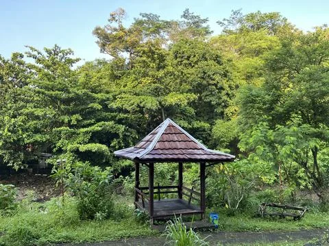 Gazebo surrounded by tree in the park Stock Photos